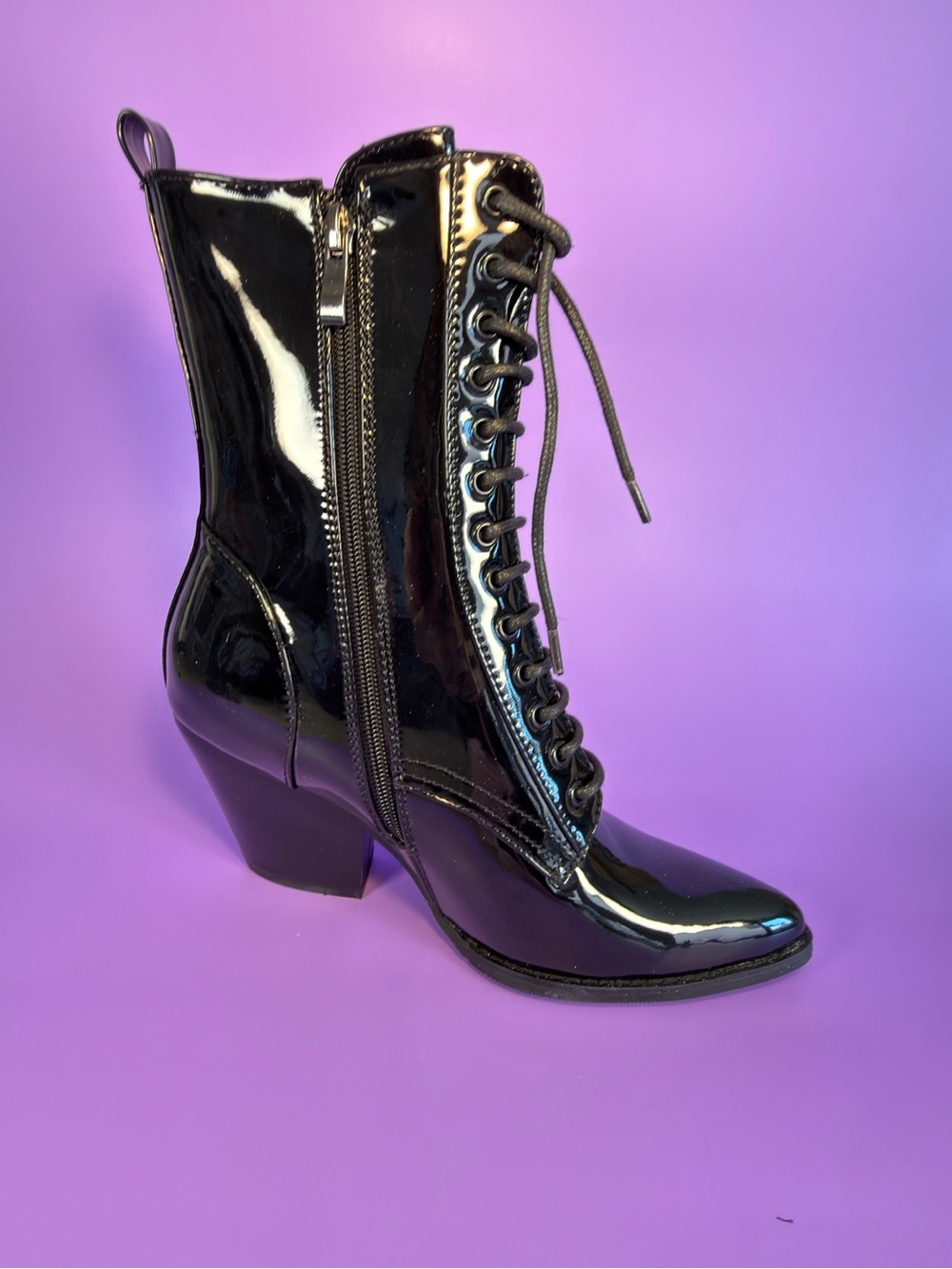 Bello Star Black Patent Goth Lace-Up Ankle Boots - Picture 5 of 8